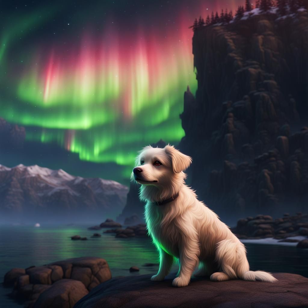 Cute Dog Under Aurora Borealis