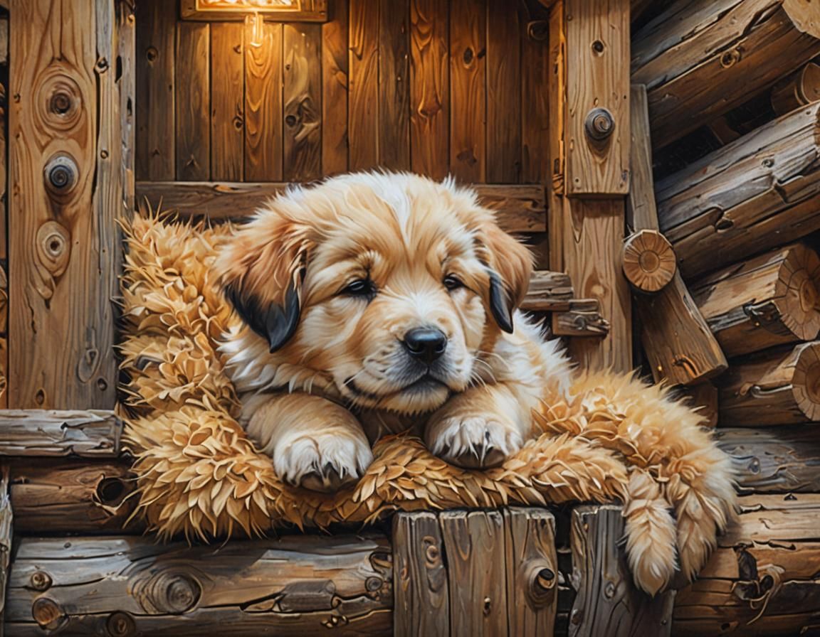 Cozy Anatolian Pyrenees Puppy in Whimsical Log Cabin Doghous...