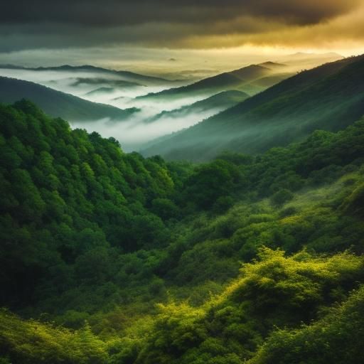 Dreamy Misty Mountain Scene with Green Hues and Golden Glow