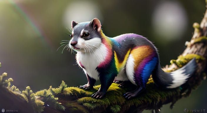Iridescent Stoat on Moss in Hyperrealistic Digital Art