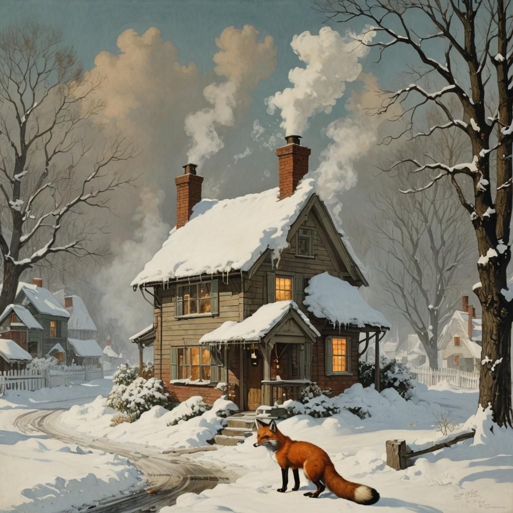 Surreal Winter Fox Cottage Scene
