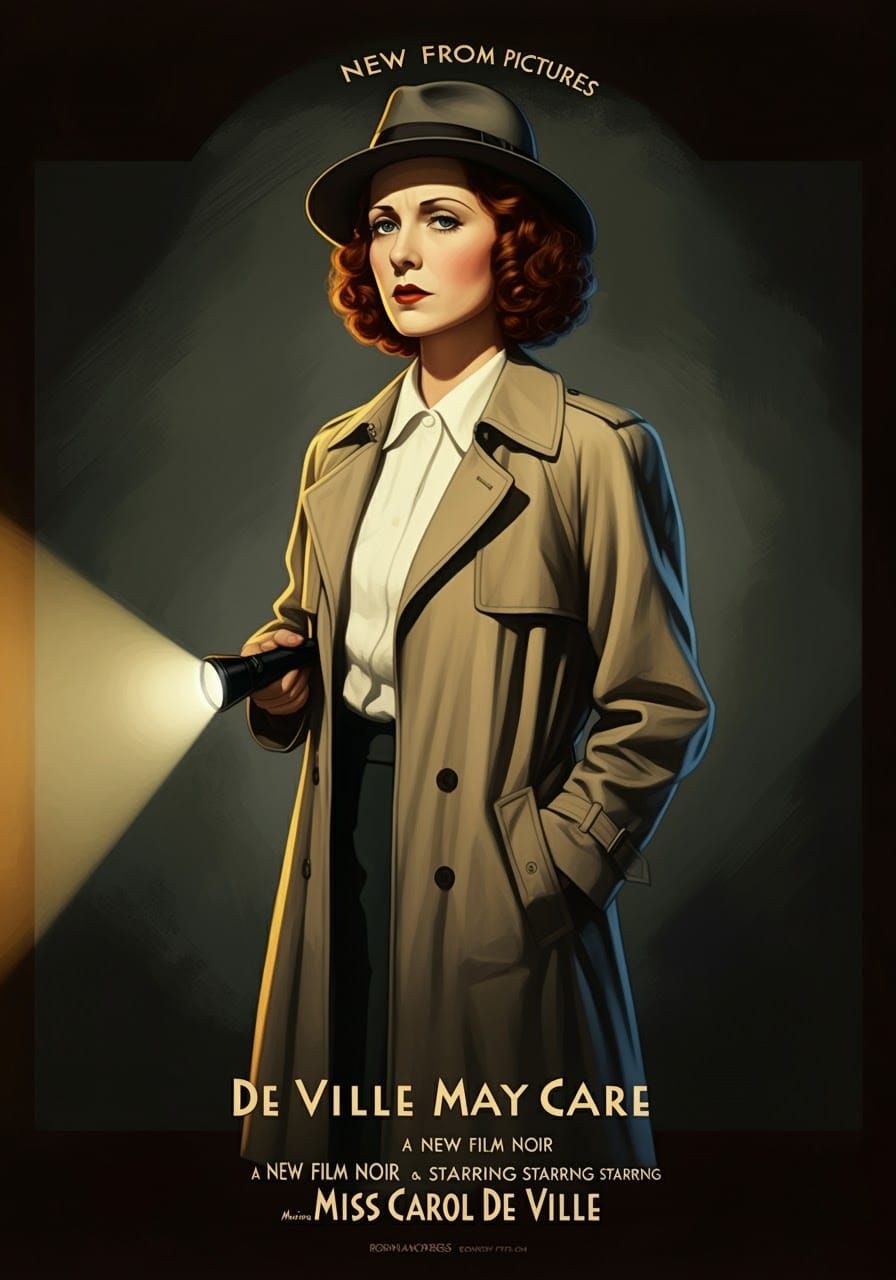Glamorous Film Noir Detective Emerges from Shadows