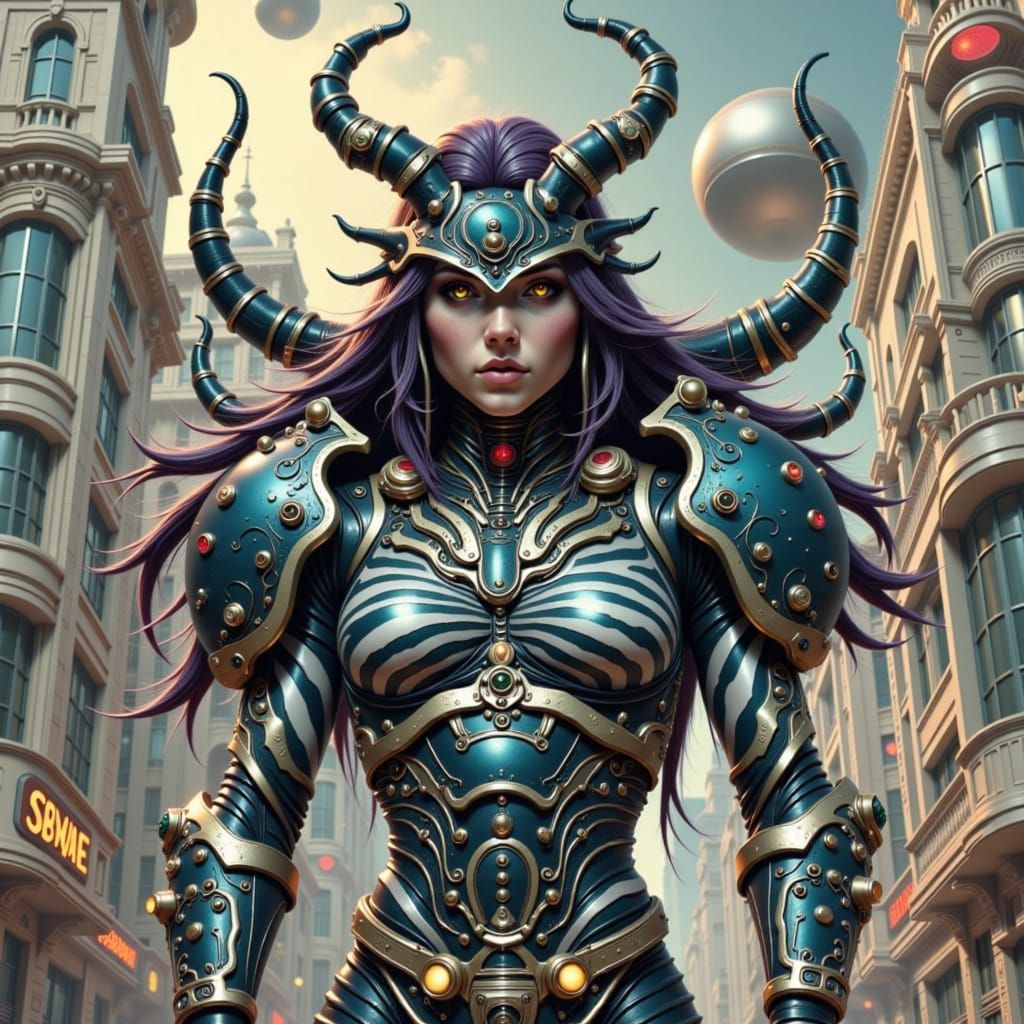 Zebra Punk Cyborg Warrior on Neon Motorcycle