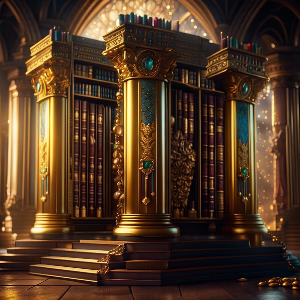 Mythological Jewel-Encrusted Library in Detailed Matte Paint...