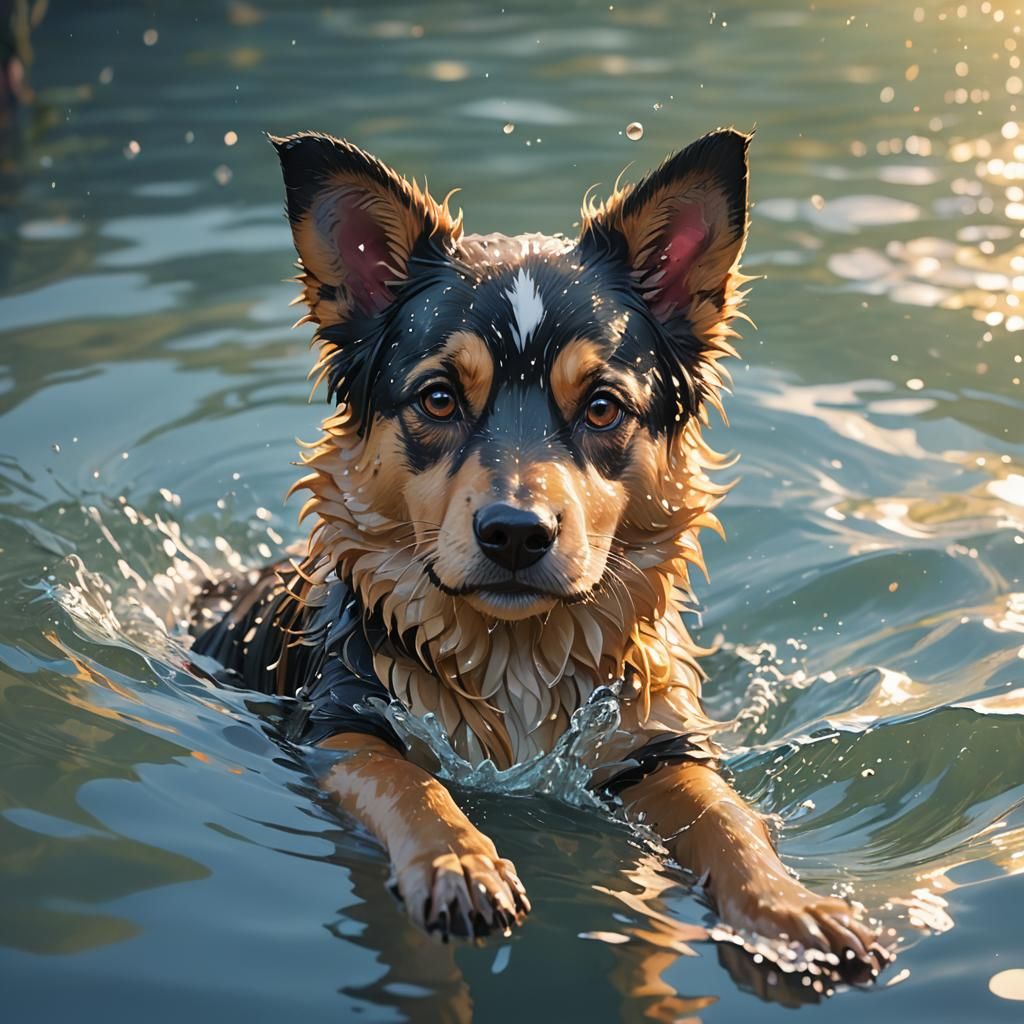Anime-Inspired Dog Soaks Up Vibrant Water in Soft Lighting