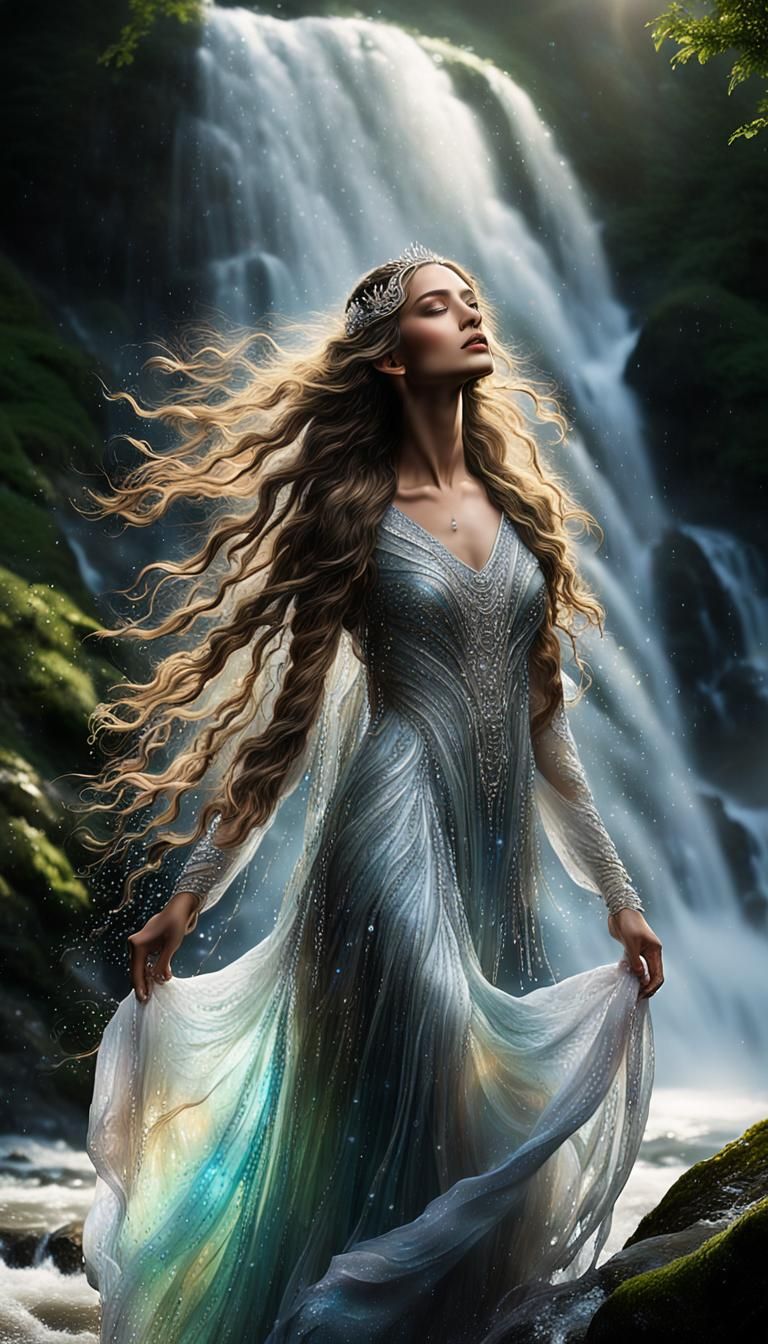 Regal Goddess from Cascading Waterfall in Neo-Impressionist....