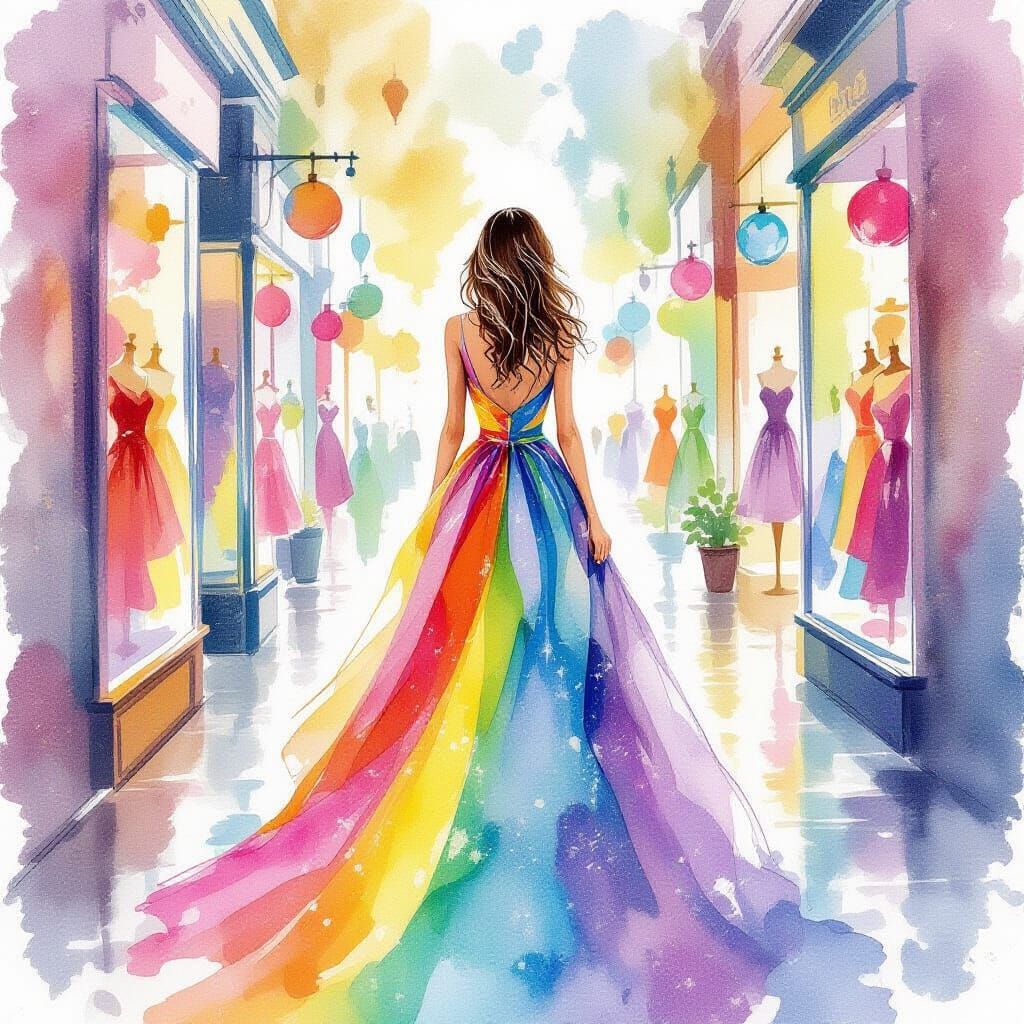 Rainbow Gown Shimmers in Watercolor Alcohol Ink Style