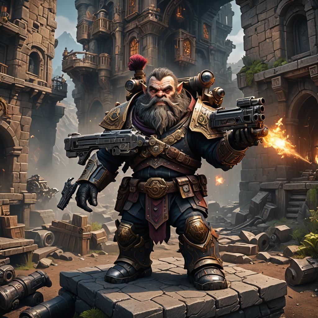 Surreal Dwarf Warrior Wields Ancient Gun in Fantastical Land...
