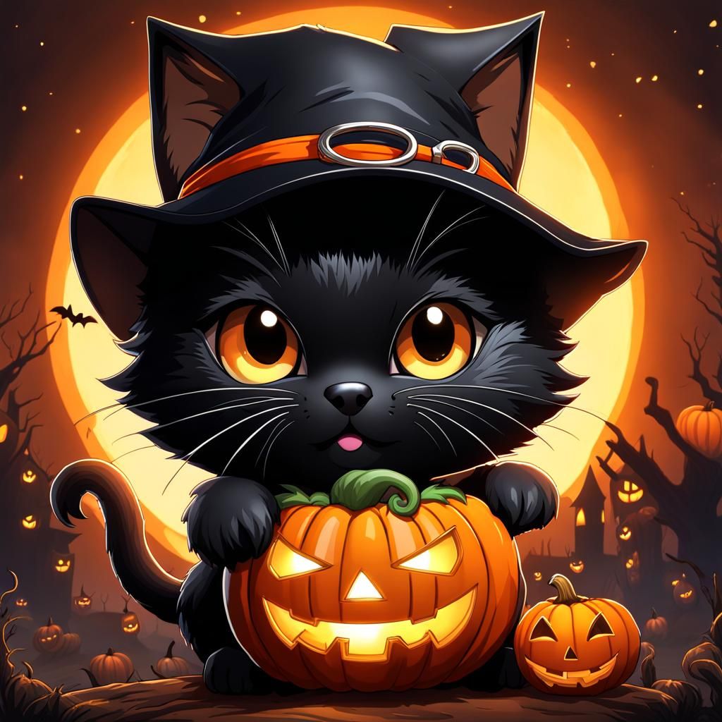 Chibi Cat Pumpkin Hero in Vibrant Fantasy Scene