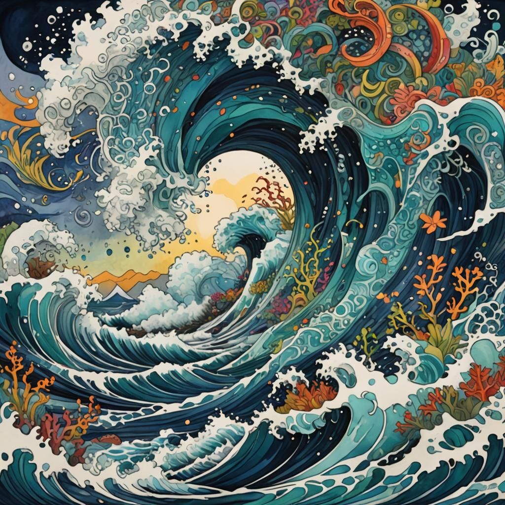 Tsunami's Fury: Oceanic Epic in Vibrant Impressionist Style