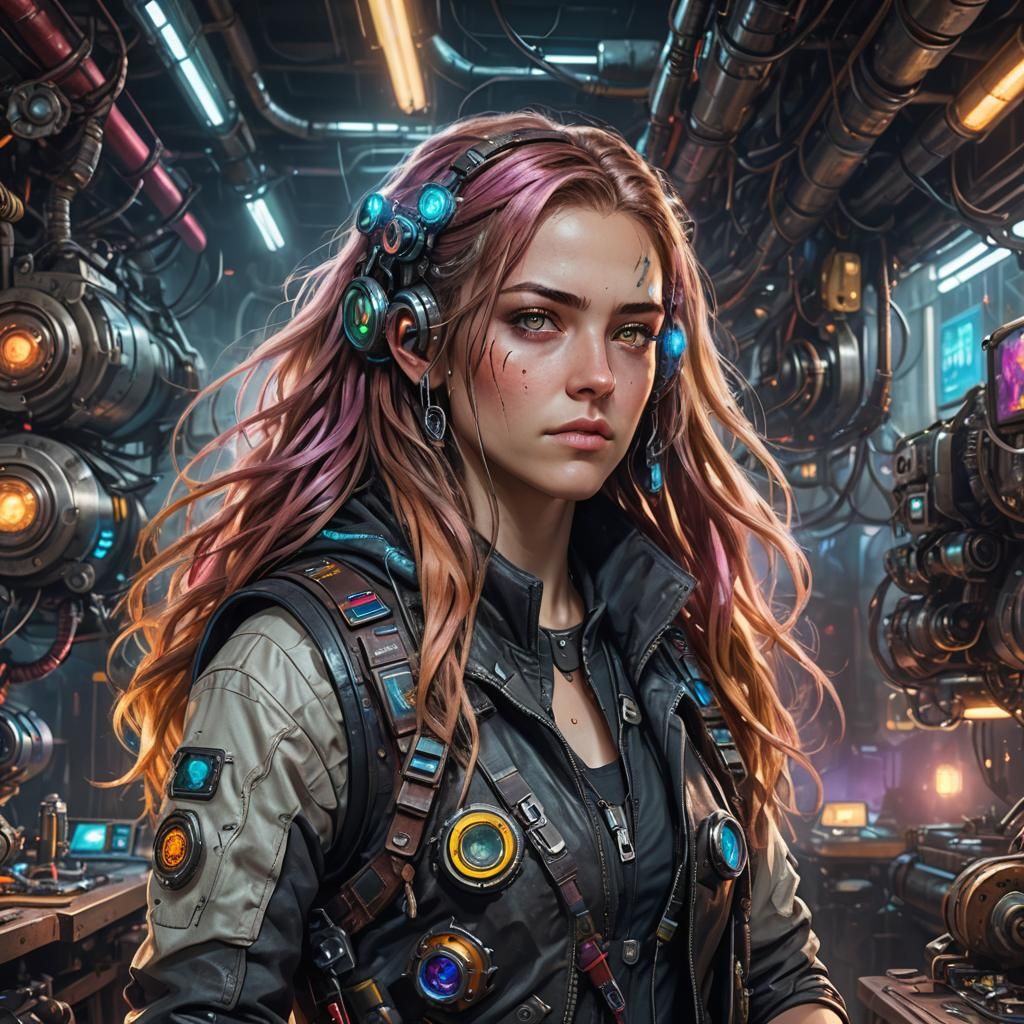 Cyberpunk Woman in Steampunk Workshop