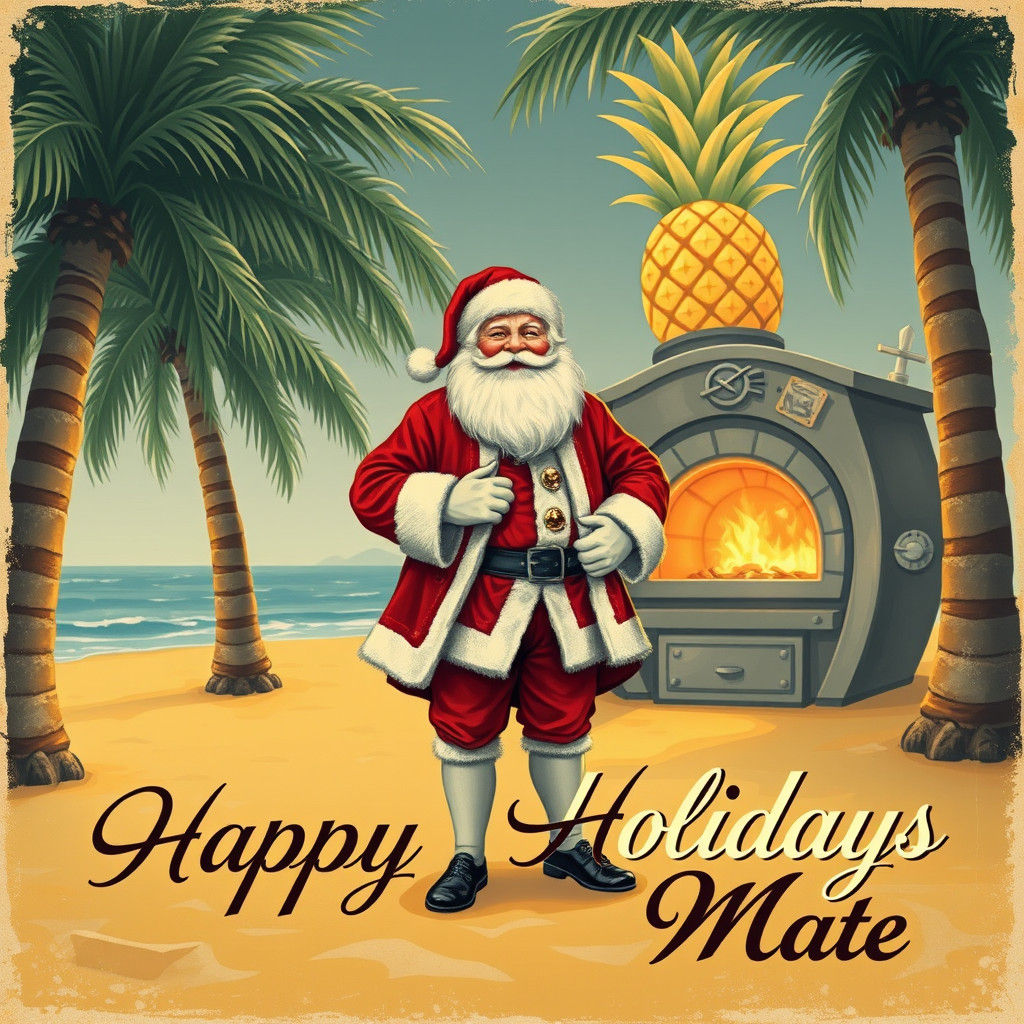 Vintage Santa Claus Surrounded by Palm Trees and Pineapple O...