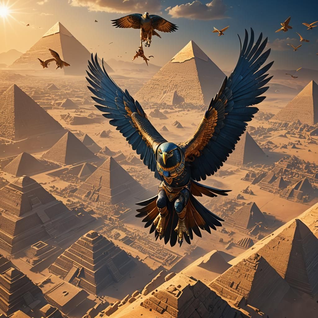 Horus in Golden Hour Above Ancient Egyptian Pyramids