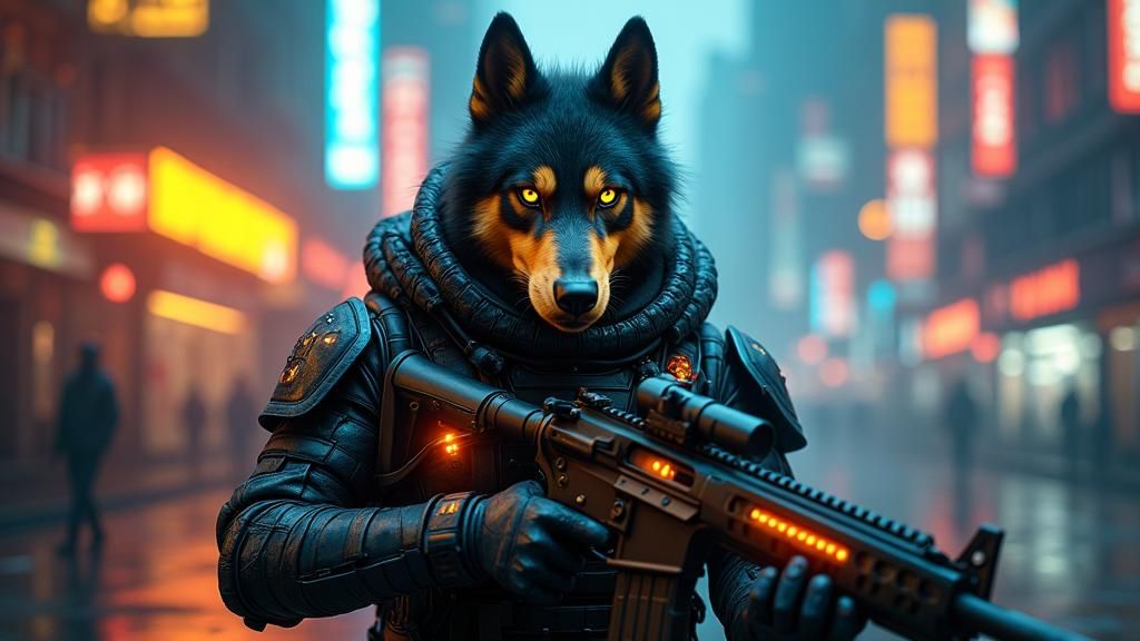 Cyberpunk Husky Dog Soldier in Futuristic Neon City
