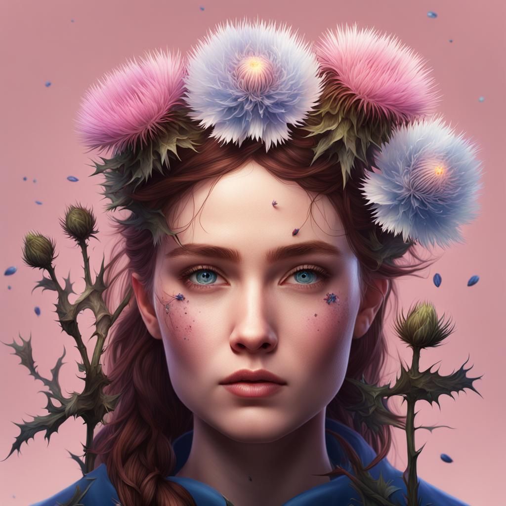 Fantastical Scottish Lass Emerges from Thistles in Deep, Det...