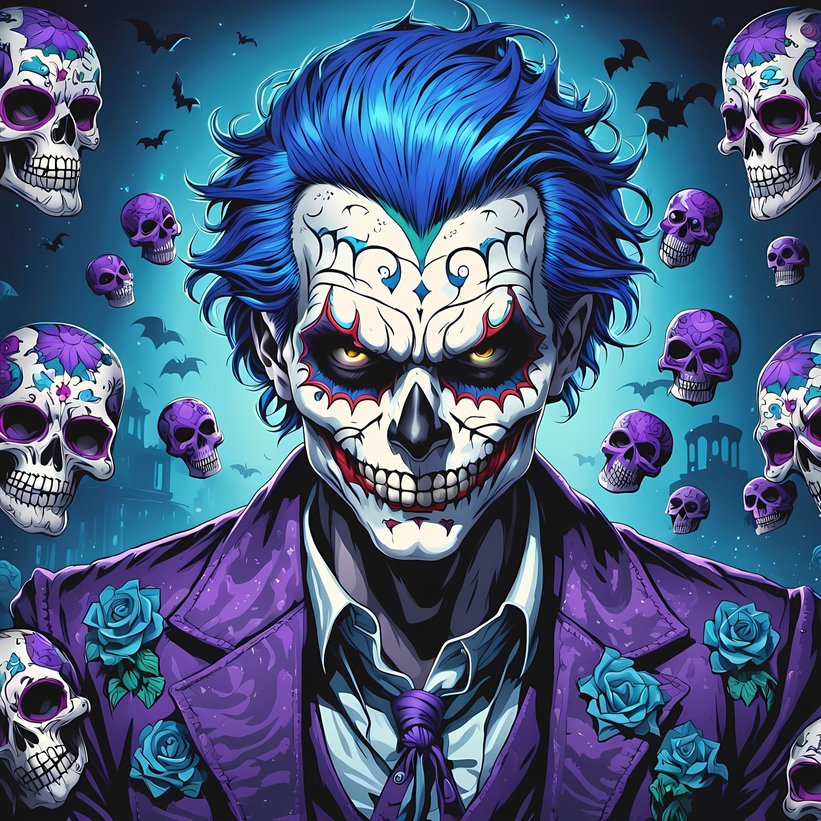 Sugar Skull Joker with Blue Hair in Comic Art Style