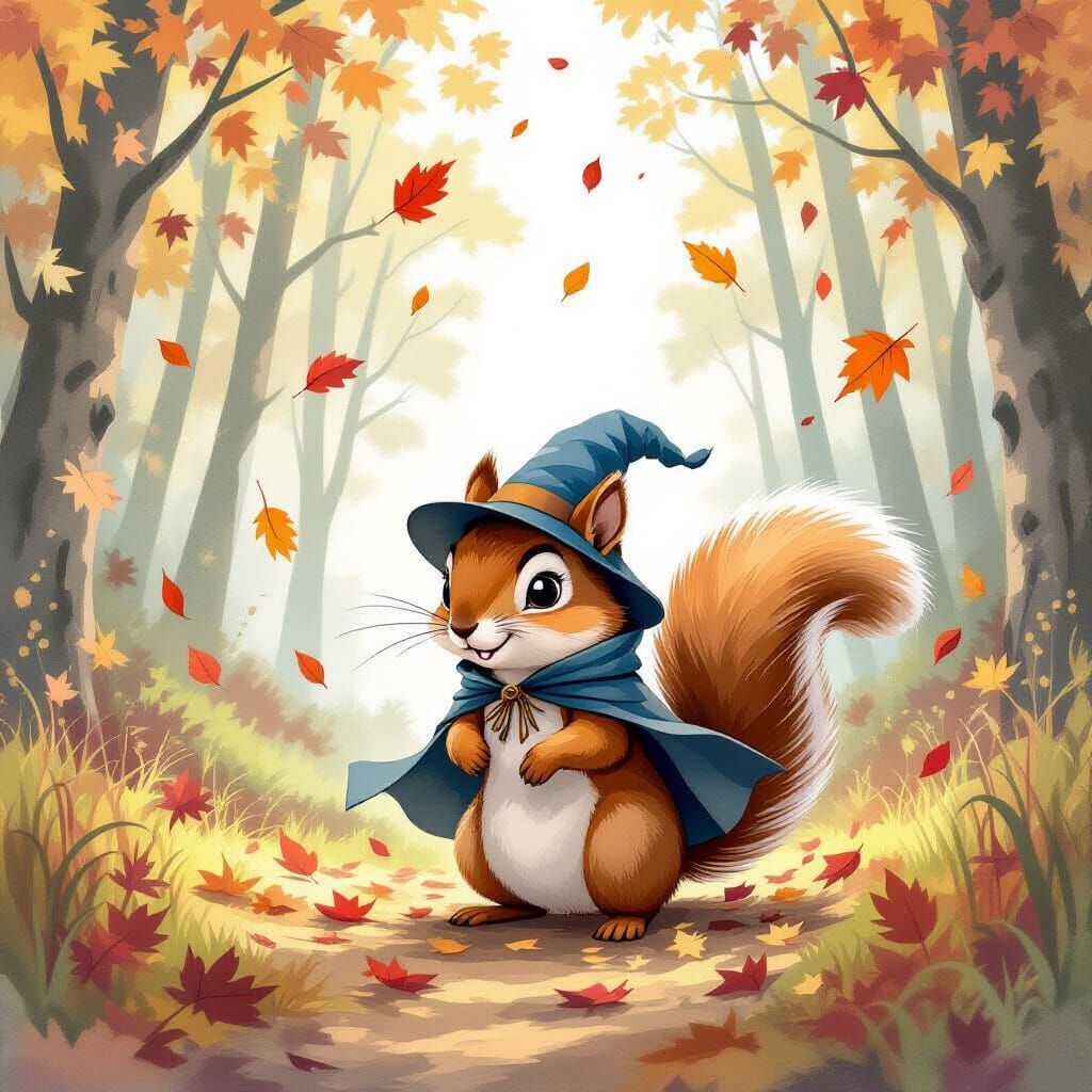 Squirrel Creates Tornado in Watercolor Forest