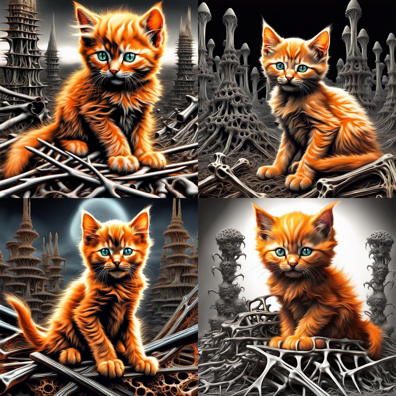 Whimsical Orange Kitten Amidst Dark, Futuristic Bones