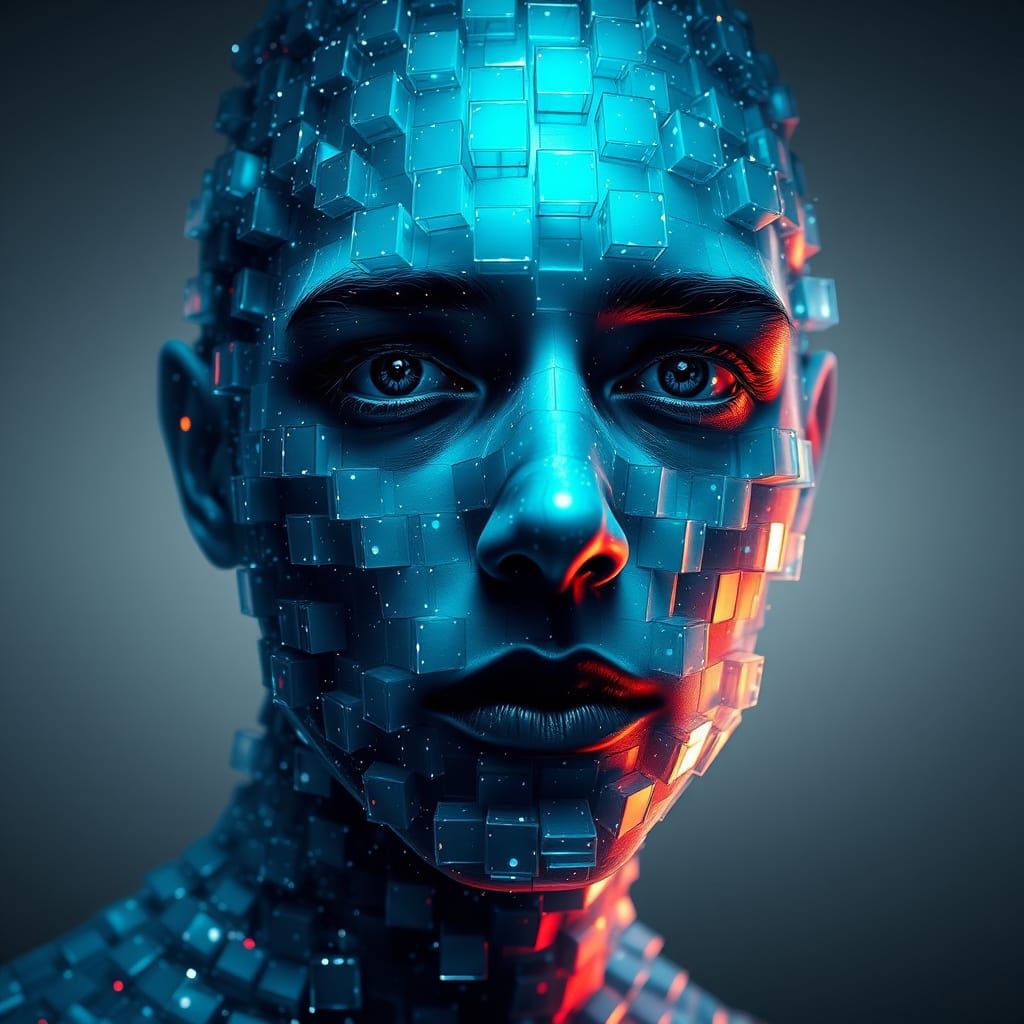 Ethereal Face in Dissolving Cubes, Hyper-Realistic Digital A...