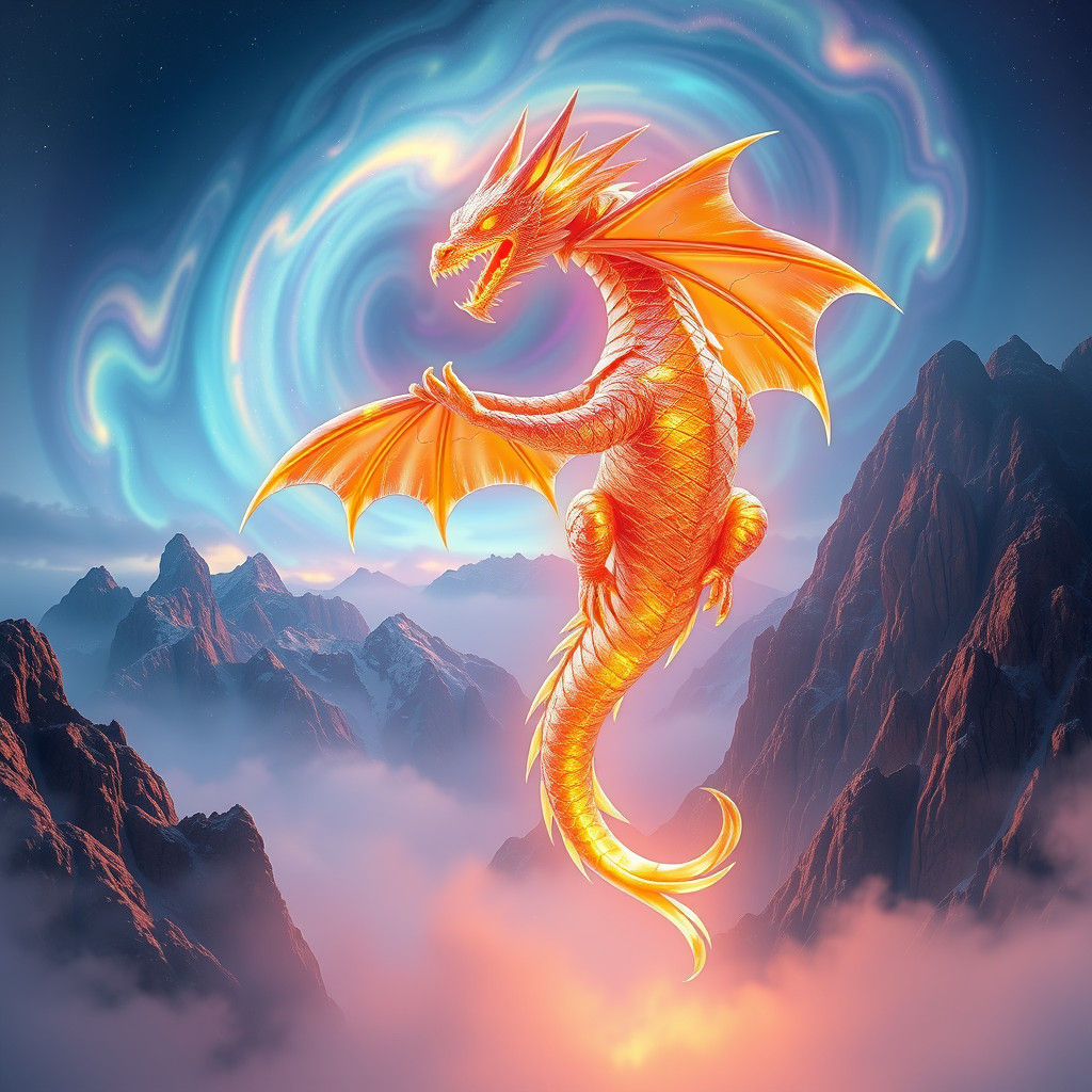 Dragon Suspended Over Mountain in Luminous Glass