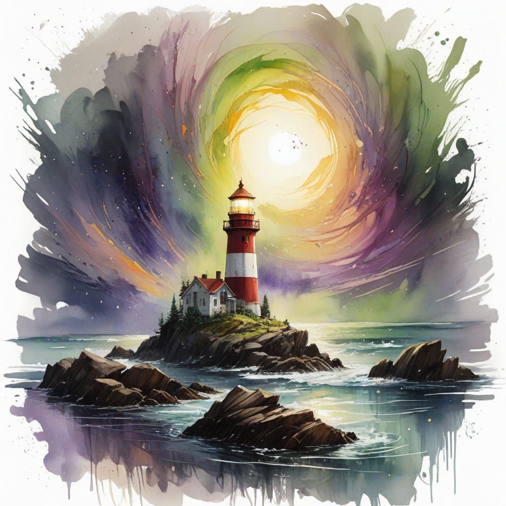 Lighthouse with Aurora Borealis in Watercolor Style