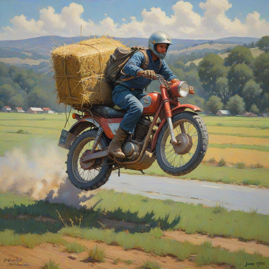 Oil Painting of a Biker in a Vintage Barnstorming Style