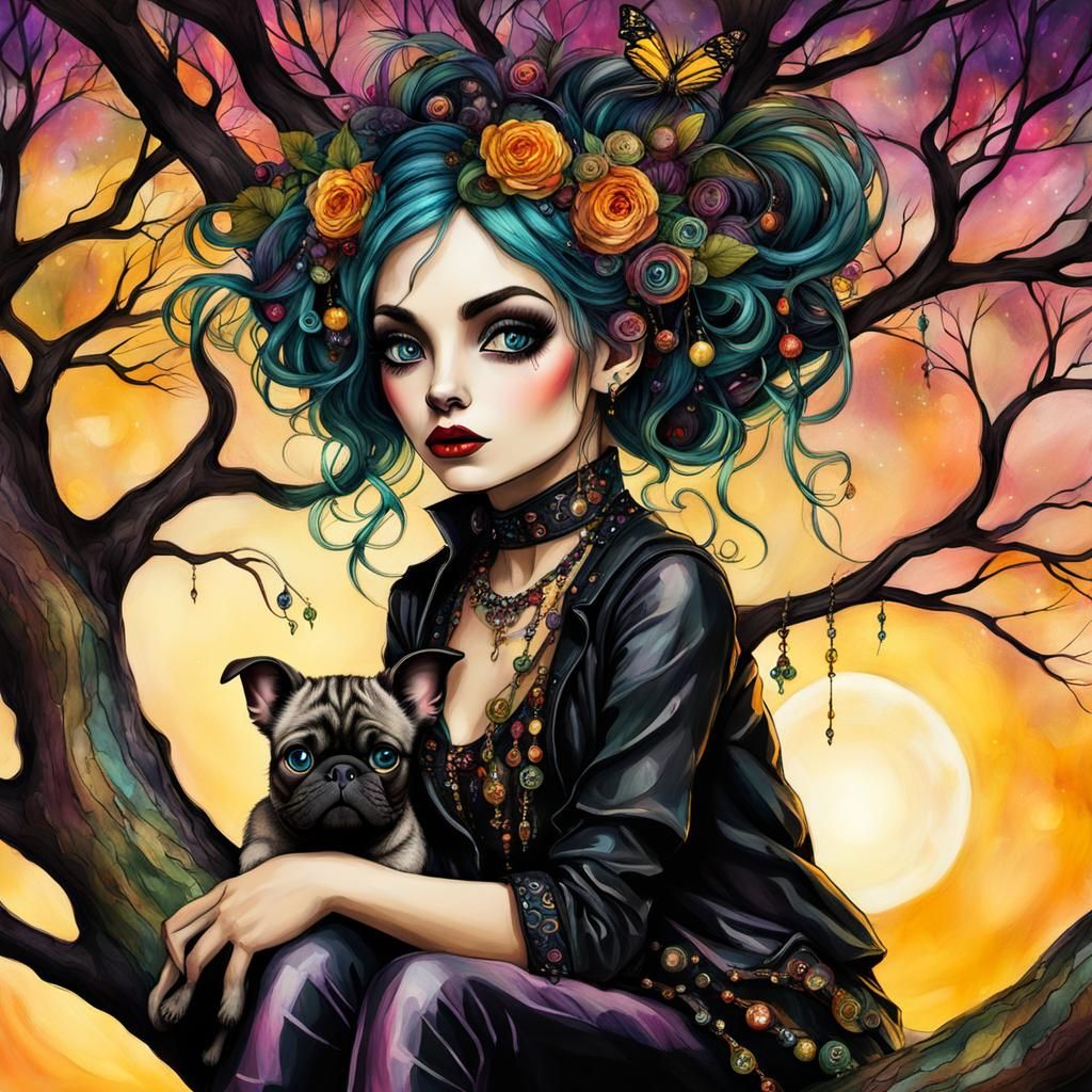 Whimsical Punk Fae Girl in Golden Hour Tree of Life