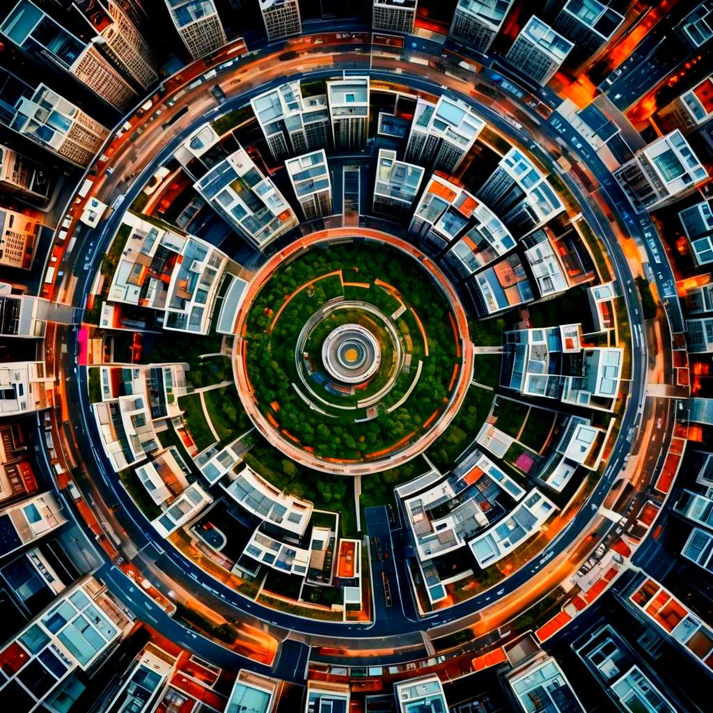Cityscape with Concentric Circles and Circuitry