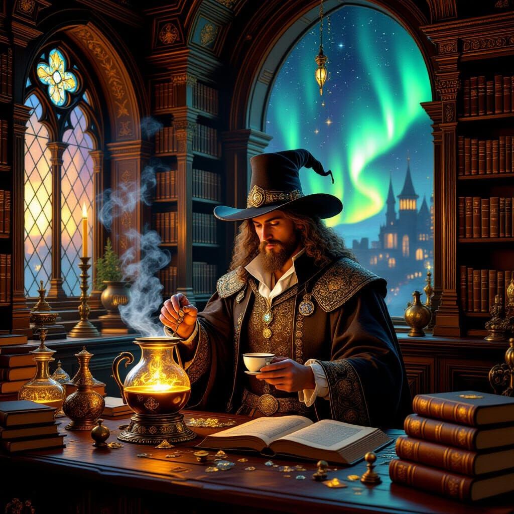 Medieval Library Cafe with Alchemist Barista in Rembrandt St...