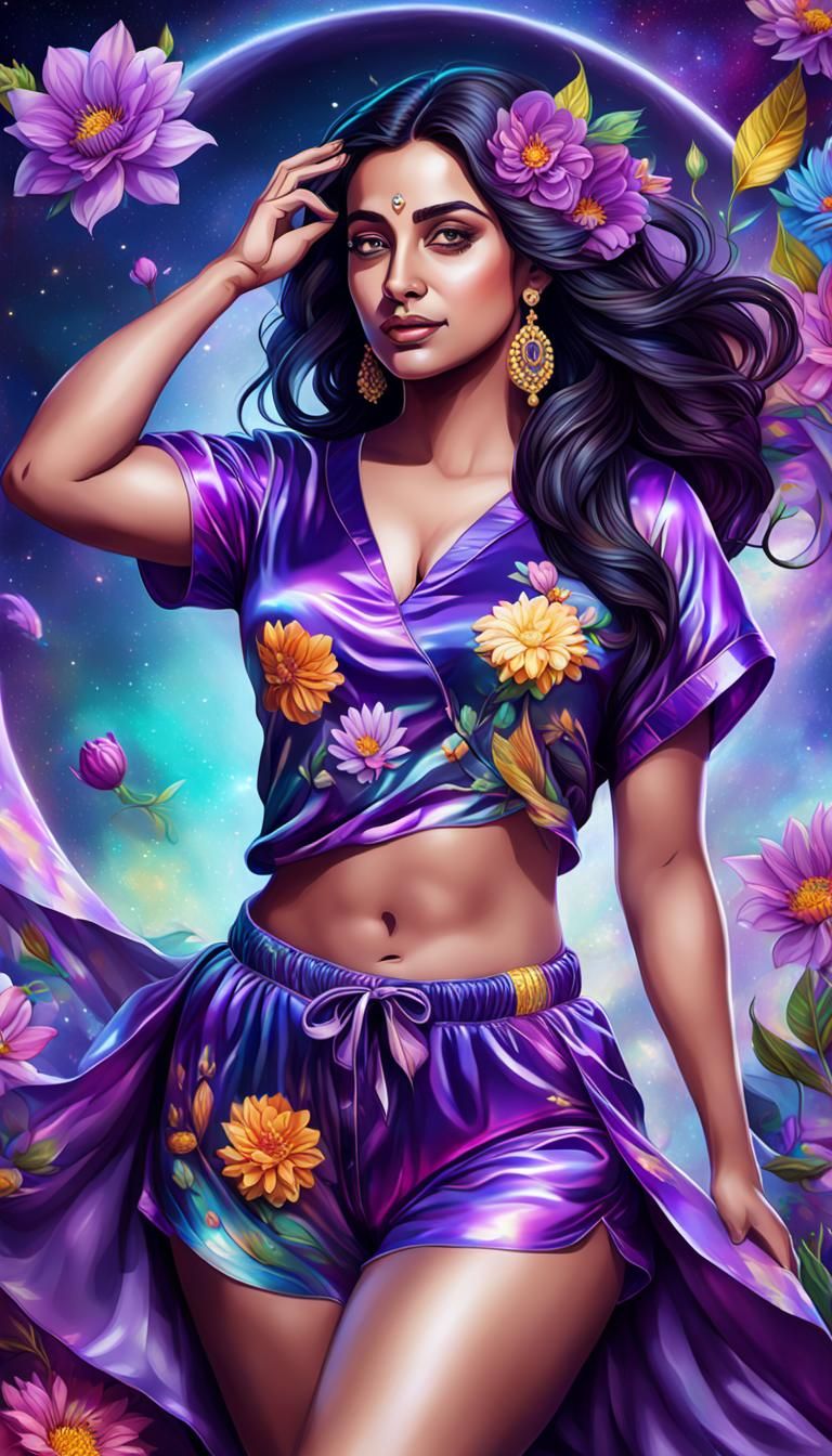 Purple Goddess in Cosmic Pajamas, Vibrant Holographic Illust...