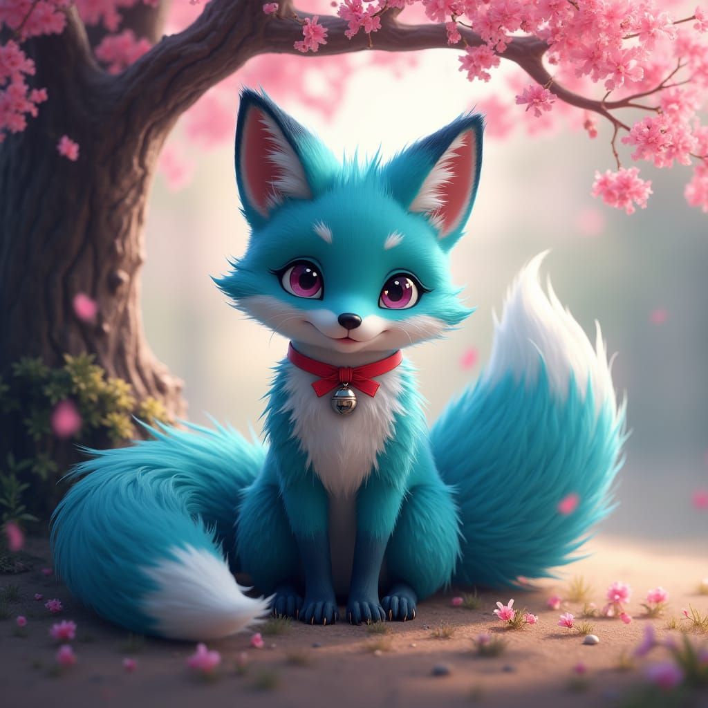 Turquoise Kitsune with Cherry Blossoms: Dark Fantasy Art
