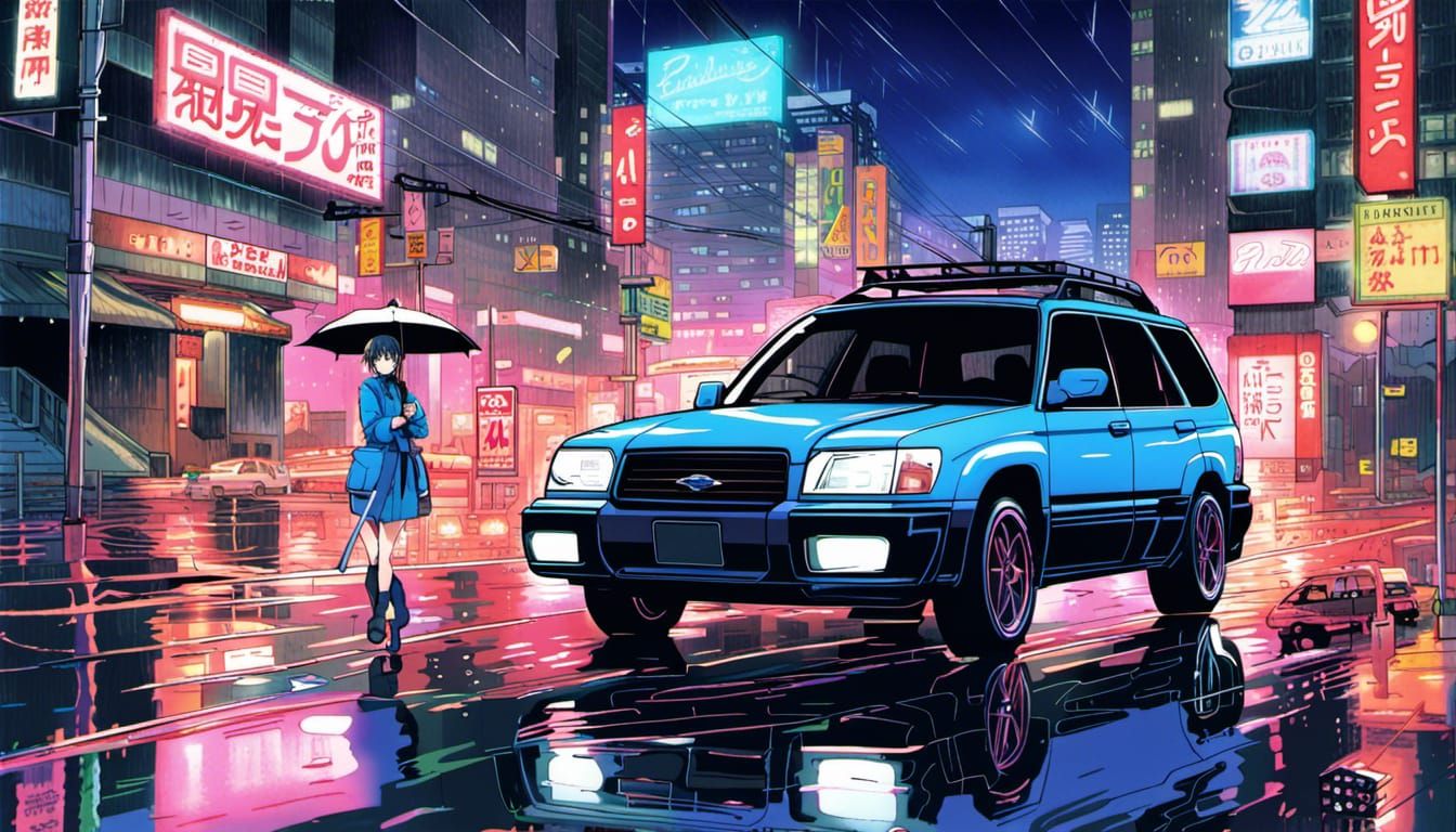 Neon Cityscape Subaru in Rainy Downtown