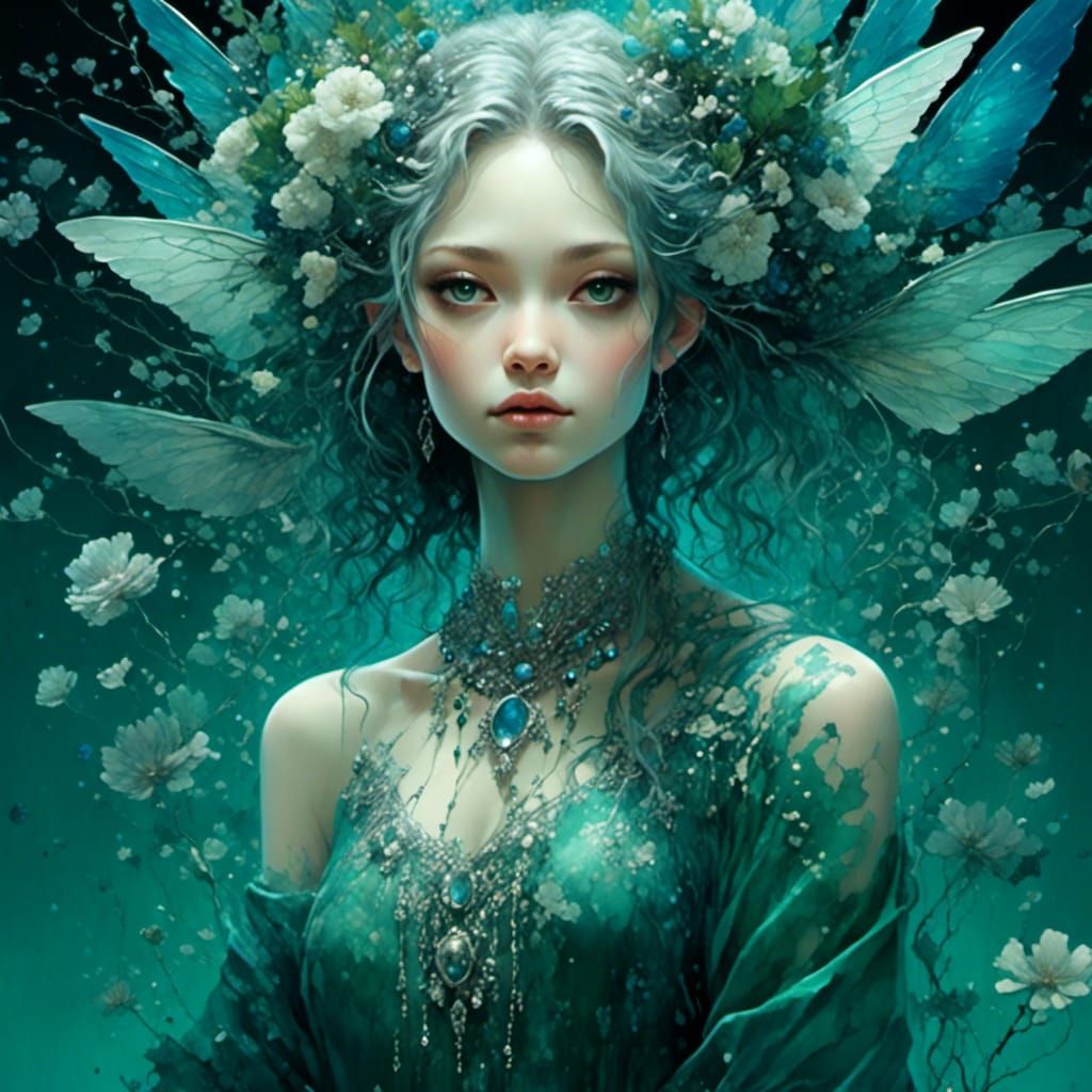 Ethereal Fairy in Twilight, Adorned with Silver and Blue Acc...