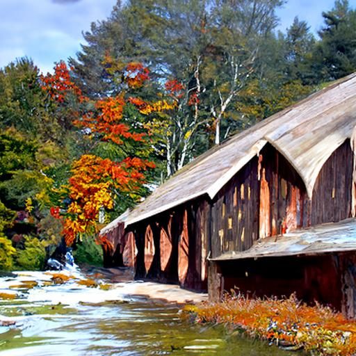 Cozy Autumn New England Covered Bridge in a Charming Oil Pai...