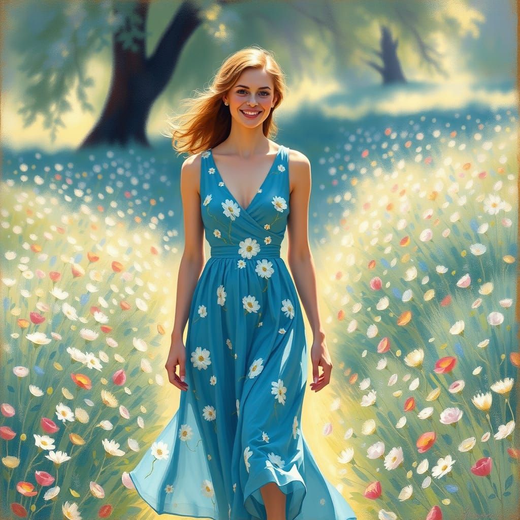 Elegant European Woman Strolls through a Floral Aisle in a L...