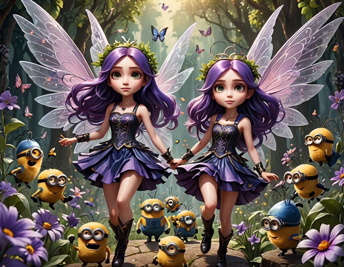 A (group of dutiful minions) surrounding an (elegant whimsic...