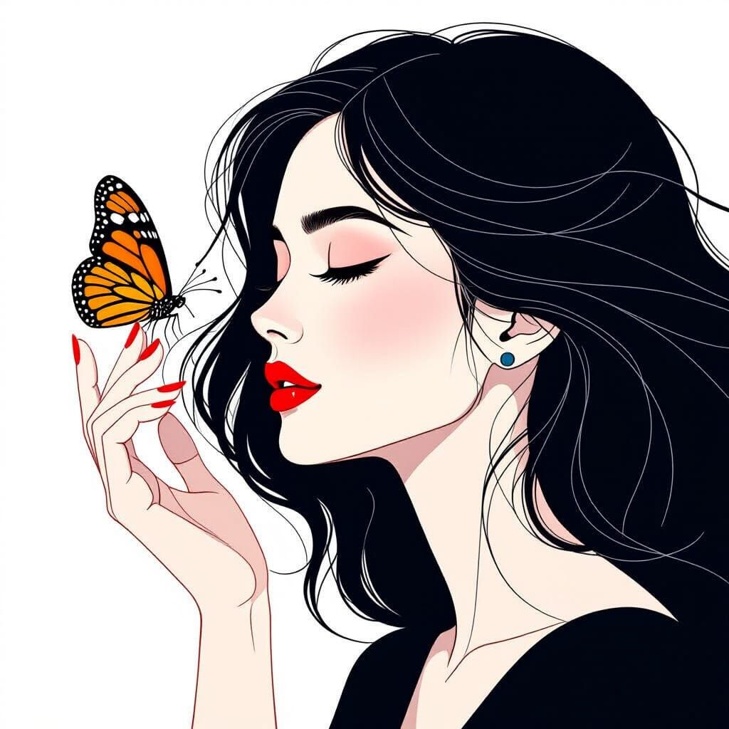 Elegant Line Art of Woman and Butterfly