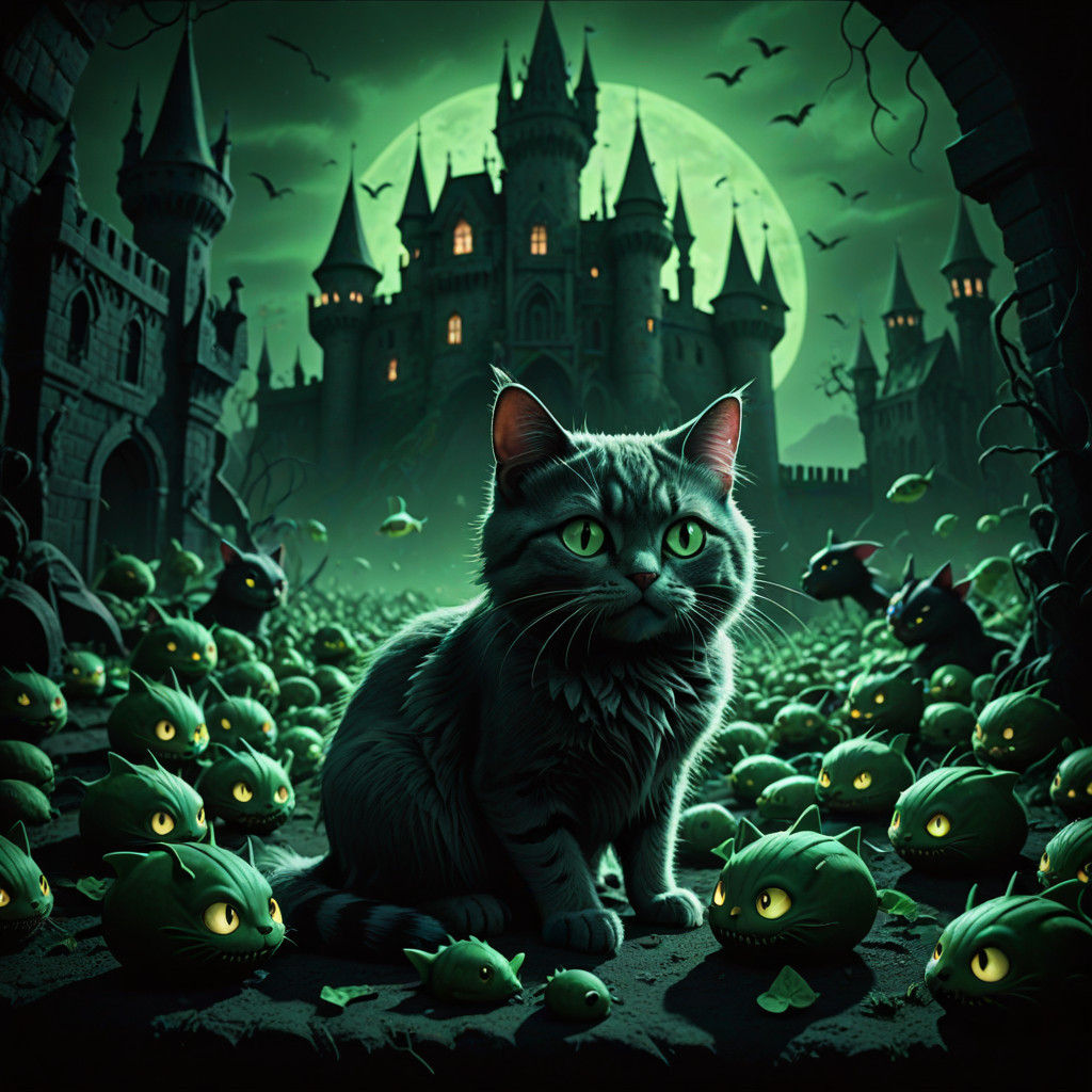 Grey Cat Surrounded by Elves in a Dark Castle
