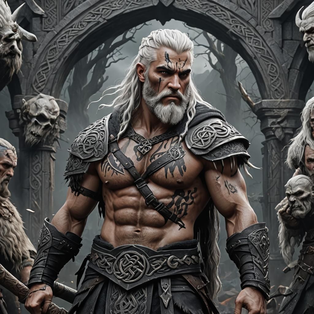 Young Gray-Skinned Barbarian in Celtic-Inspired Dark Fantasy...