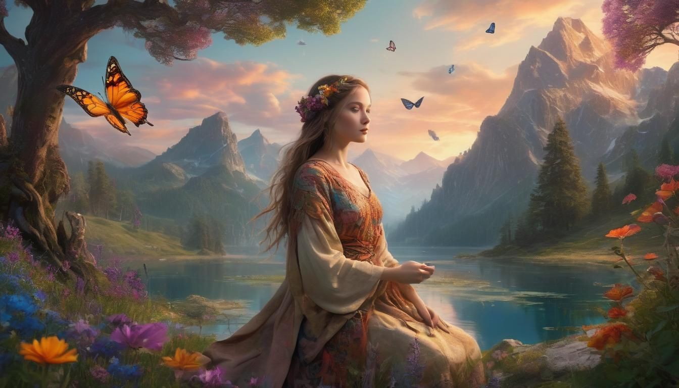 Serene Goddess amidst Ancient Forests and Wildflowers