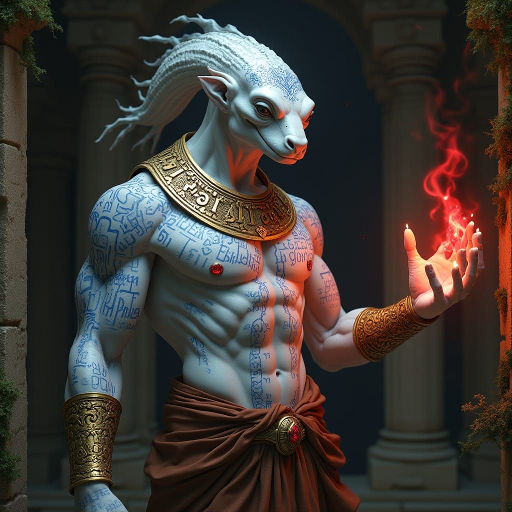 Magical Marble Humanoid Casting Spell in Temple