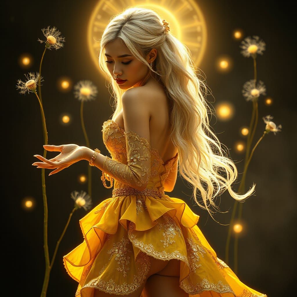 Ethereal Japanese Woman in Golden Gown