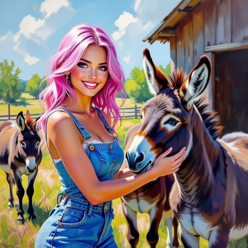 Woman Petting Donkeys on Farm in Neo-Impressionist Style