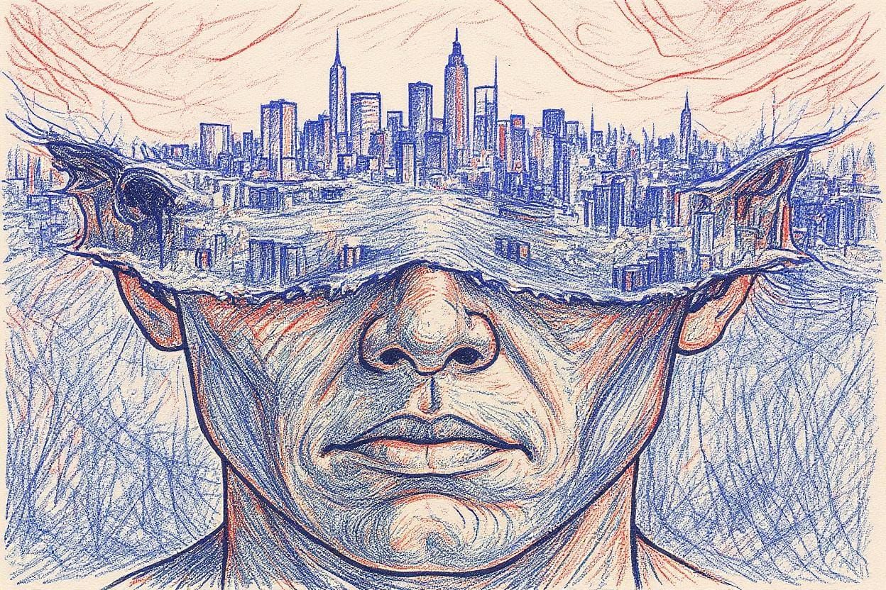 Red and Blue Ballpoint Pen Crosshatch Drawing