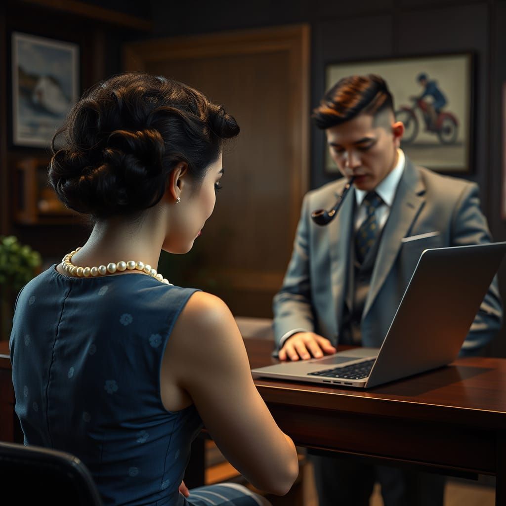 A millennial Asian couple dressed up in 1950's business clot...
