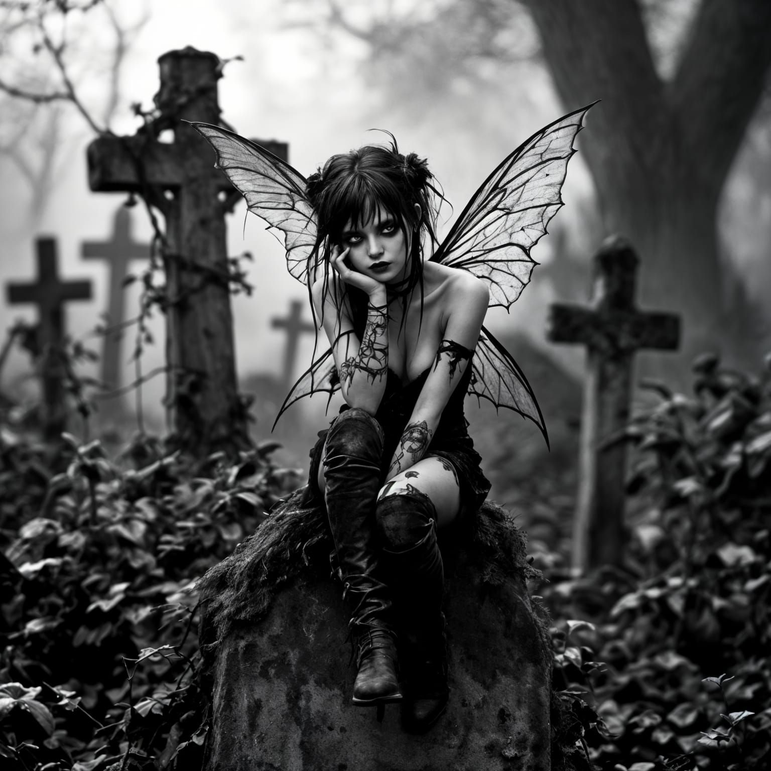Emo Fairy Portrait in Grungy Black and White