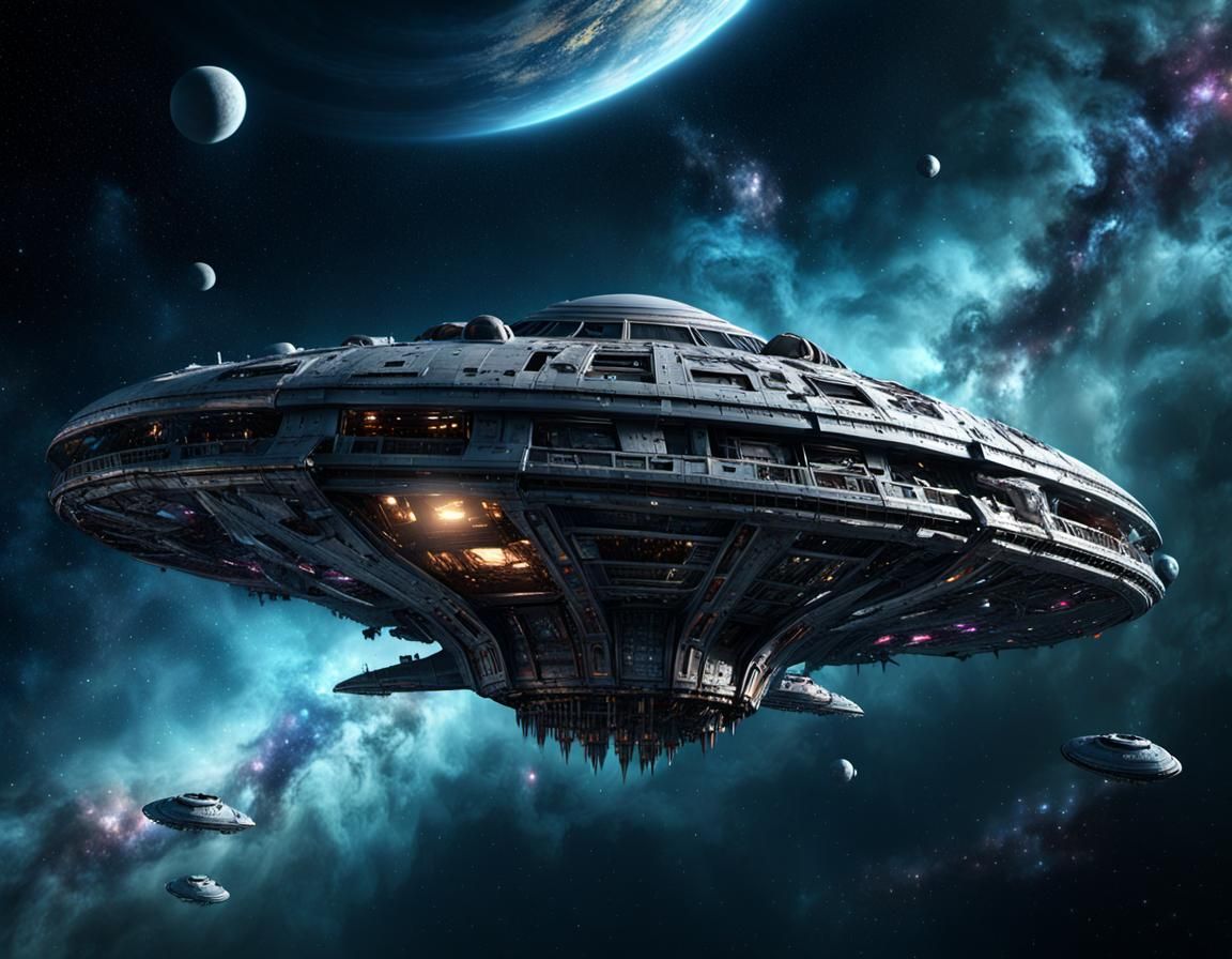 Cyberpunk Alien Spaceship Adrift in Deep Space