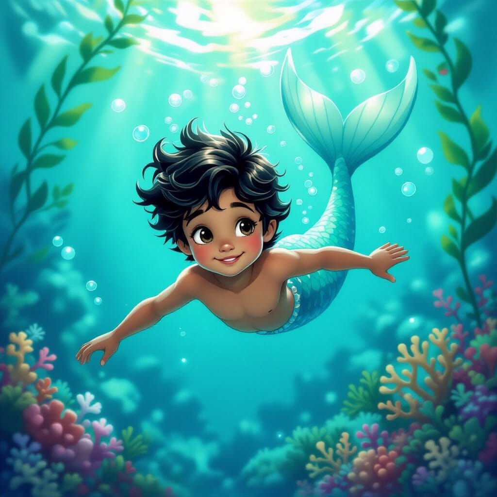 Mermaid Boy in Dreamy Turquoise Ocean