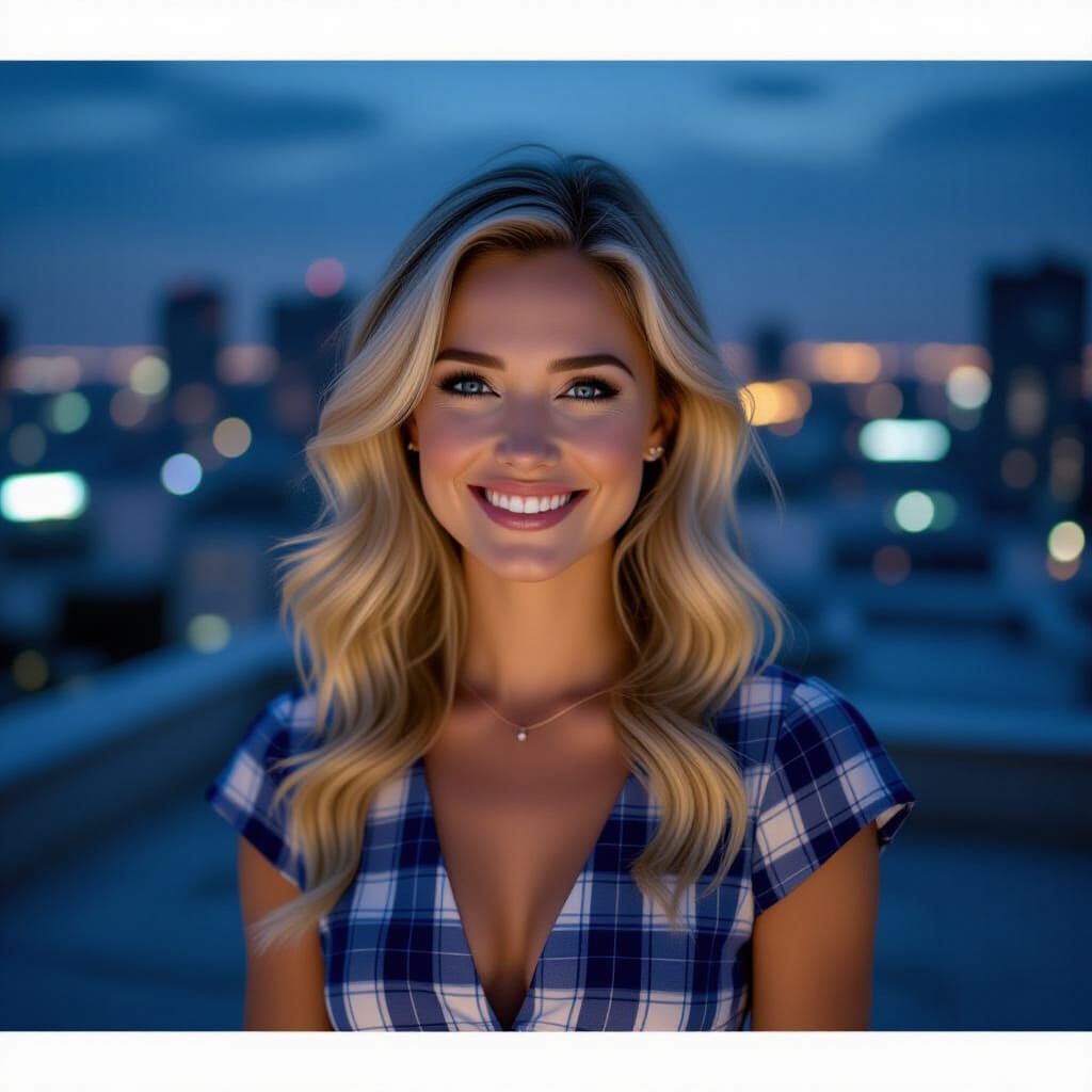 Woman on Rooftop at Night in City