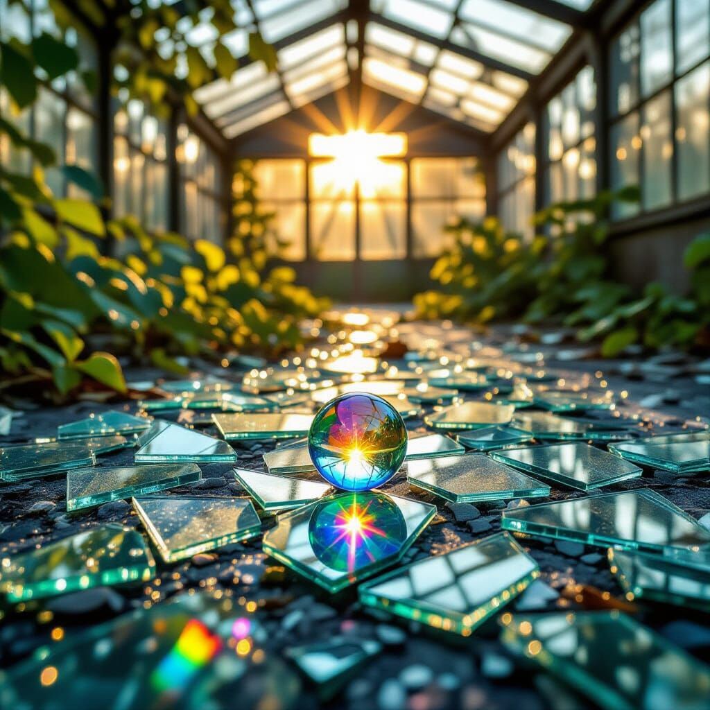 Lost Marble on Shattered Glass with Rainbow Light Refraction...